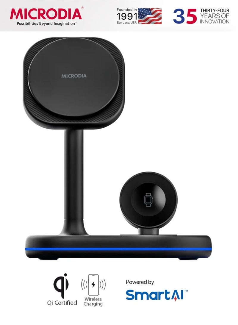 MICRODIA SNAPStation™  PRO 4-in-1 Magnetic Wireless Charging Station, 23W Fast Magsafe Charger Stand for iPhone , AirPods & Watch, Qi Certified Charging Dock – Black - Image 1